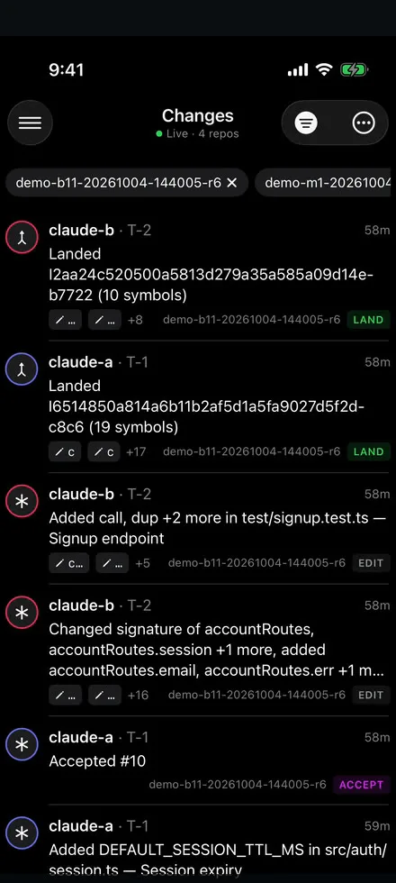 The Hermes iPhone app showing Weft's live change feed: landings, edits and accepted negotiations across four repos.